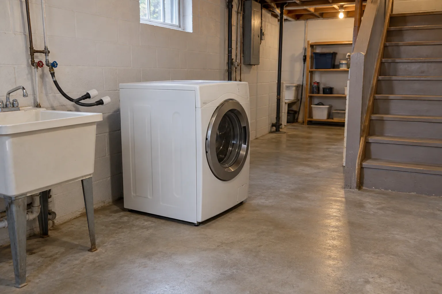 Washing machine prepared near a clear basement route