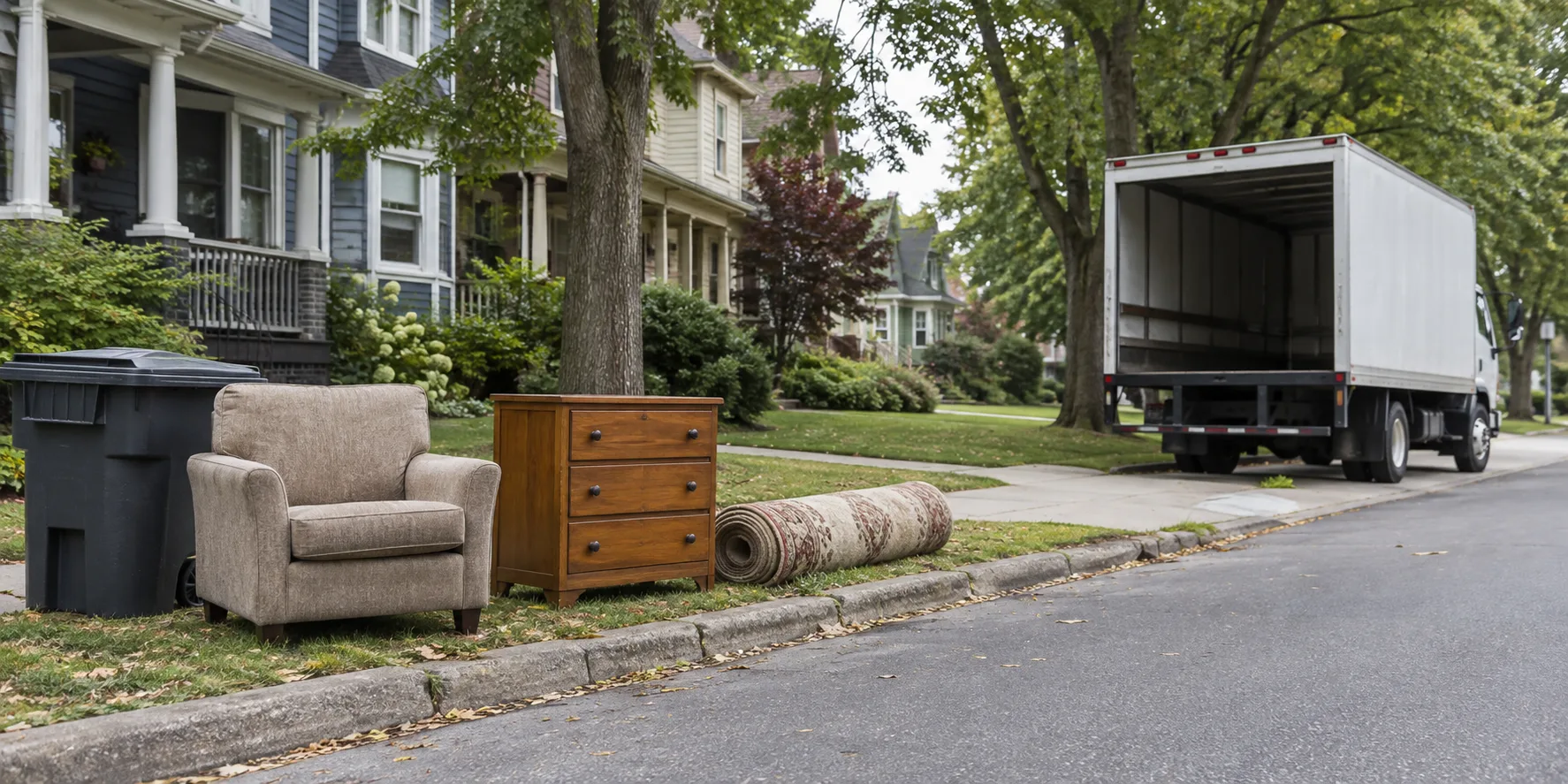 Three bulk items at a curb near an unbranded removal truck