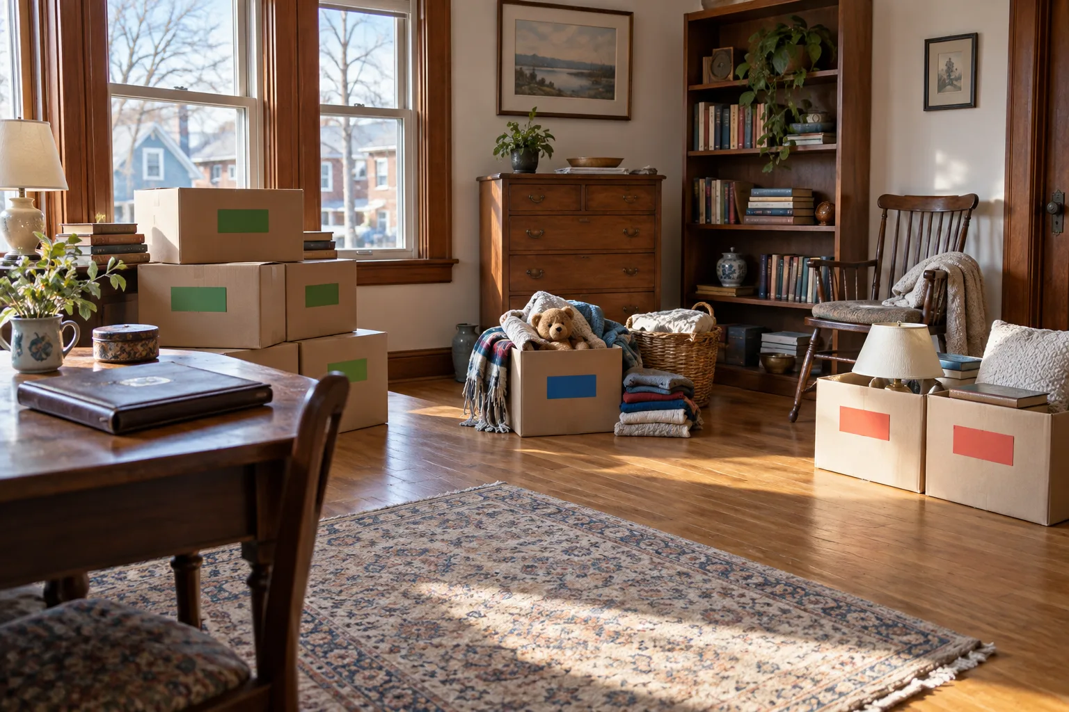 Household belongings separated into clear sorting zones