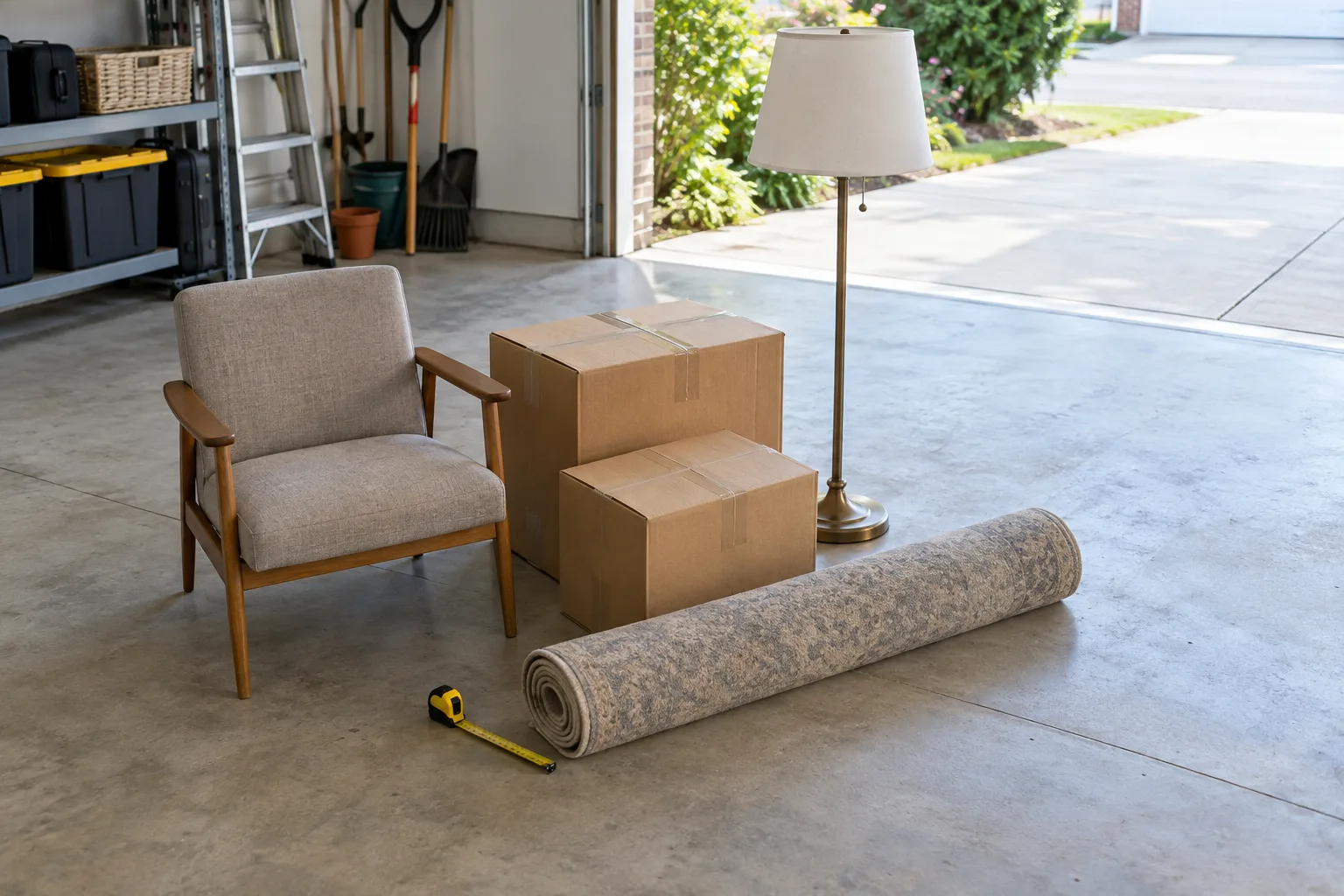 Illustrative household items grouped in a garage for an estimate
