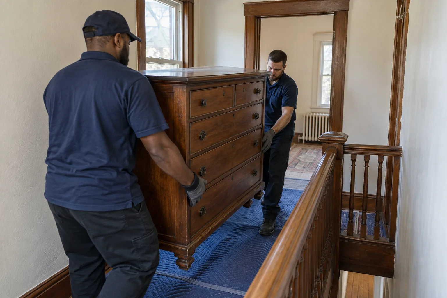 Illustrative movers guiding a dresser through a stair landing